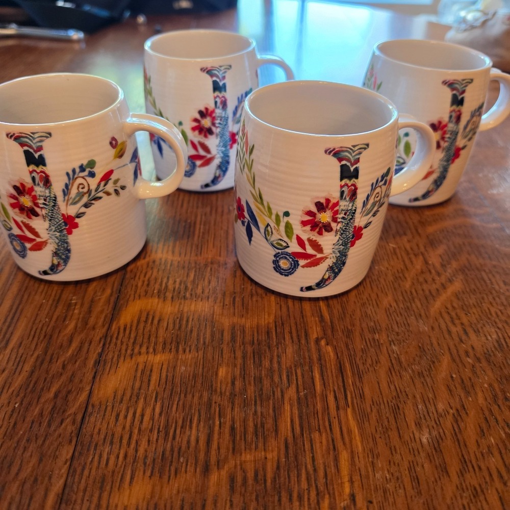 Anthropologie Starla Halfmann Floral Initial Mugs‎ Set of 4 Monogram "J" Ceramic